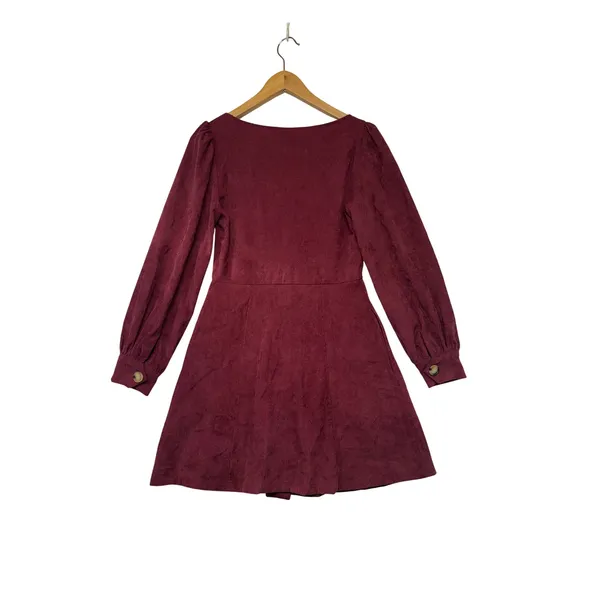 Lulus Burgundy Corduroy Button Front Mini‎ Dress Long Sleeve Square Neck XS NEW - Image 7