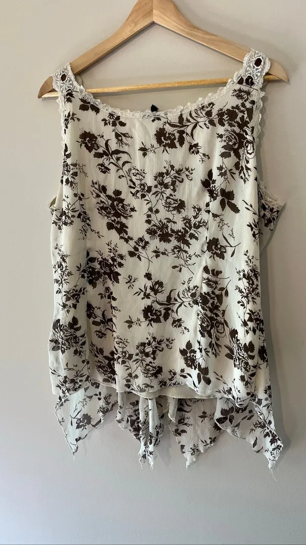 Vintage Y2K Brown Floral Fairy Grunge Hanky Hem Lace Tank Top Large - Image 4