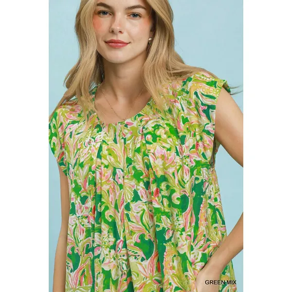 Umgee Tropical Floral Flutter Sleeve Swing Dress - Green‎ Mix - Small - Image 5