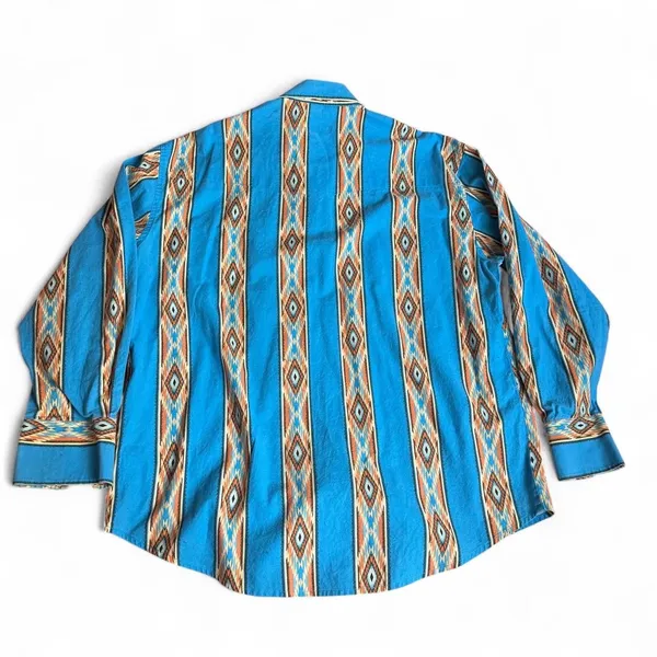 Wrangler Vintage Aztec Brushpopper Navajo Western Cowboy Shirt Turquoise Blue Pearl Snap Rodeo 90s Men XL - measurement in pics - Image 6