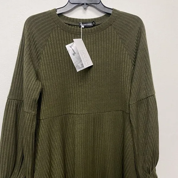 Women's Long Sleeve Medium Olive‎ Green Midi Sweater Dress Ribbed High Waist - Image 13