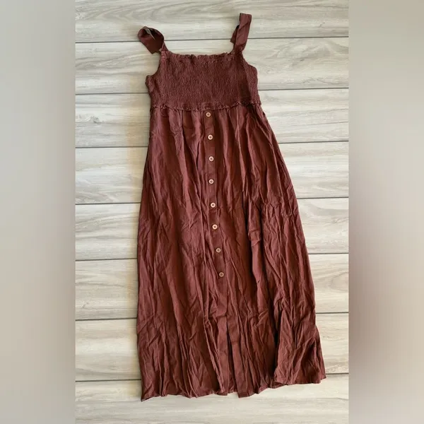 Wishlist Smocked Sleeveless Button Down Midi Dress Brown Large NWT IN PKG - Image 2