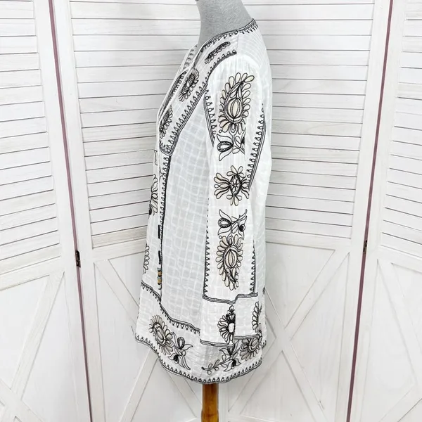 Zara Boho Embroidered Textured Cotton Tunic Shift Mini Dress White Tan Black XS‎ - Image 3