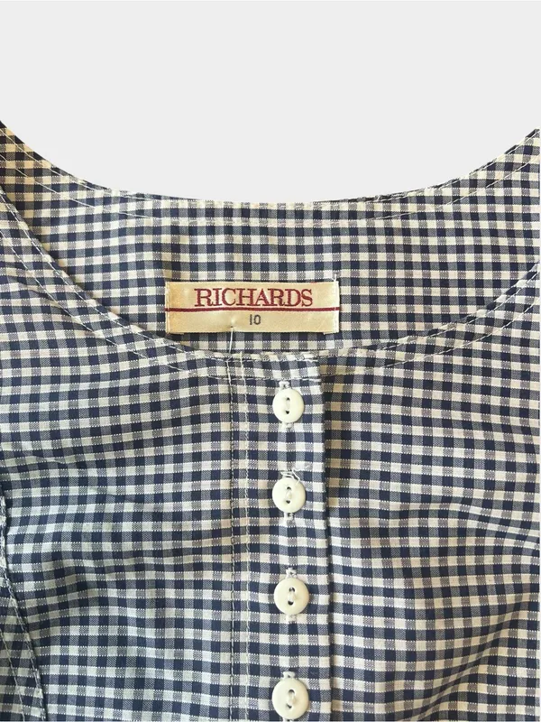 Vintage Richards Navy Gingham Puff Sleeve Button Blouse UK 10 US 6 - Image 4