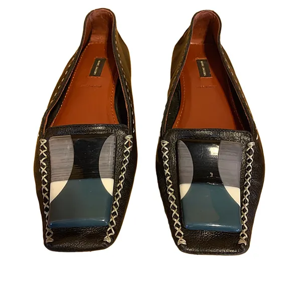 Marc Jacobs Black Leather Driving Loafer Shoes With Teal & Cream Decor (36.5) - Image 7