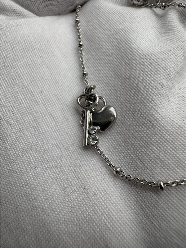 NR Silver Stainless Steel Heart & Key Charm Cable Chain Anklet, Lobster - Image 6