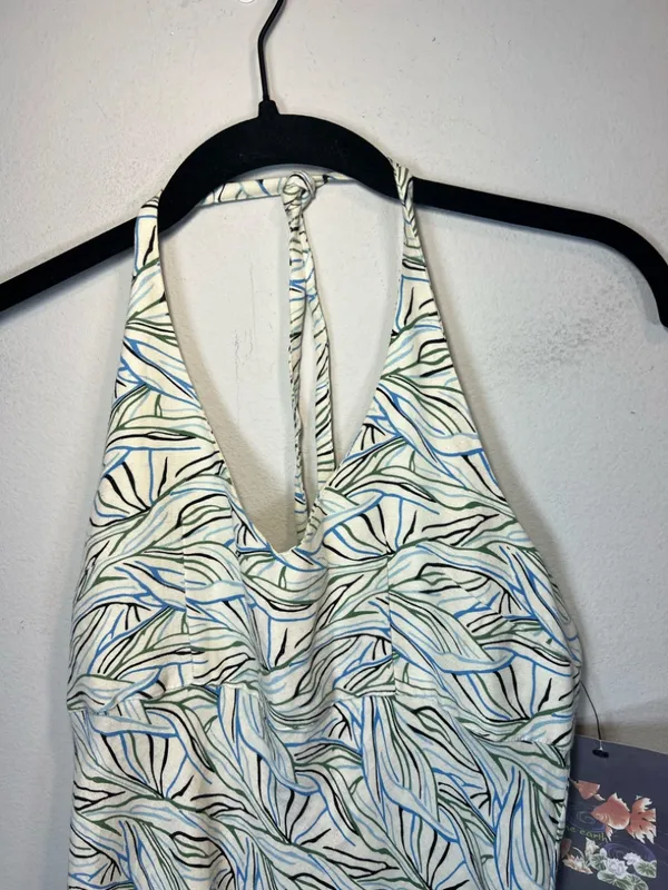Of the Earth Halter Dress Botanical Print Beige Neutral Summer Midi NEW Sz Small - Image 2