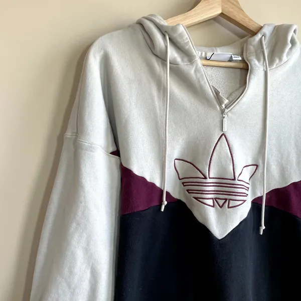 Adidas vintage retro colorblock beige navy burgundy pullover hoodie women's M - Image 2
