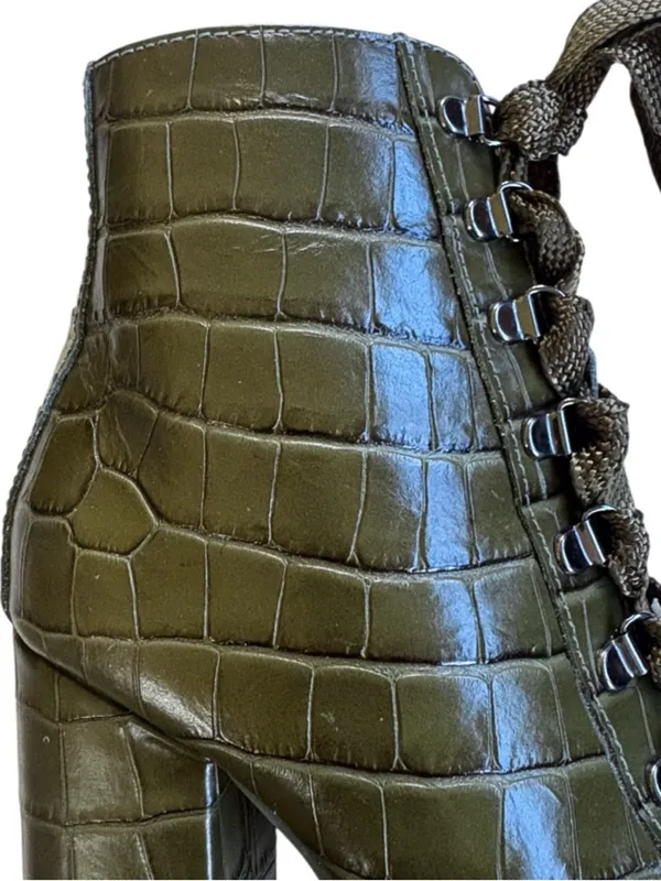 EUC SCHUTZ Leather Croc Embossed Heeled Boots Green Size 7.5 - Image 6