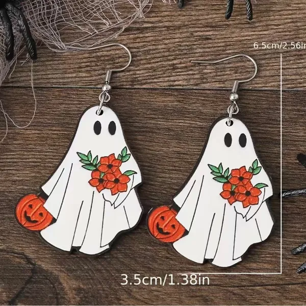 White Ghost Pumpkin Pattern Dangle Halloween Earrings‎ Wooden Jewelry - Image 11
