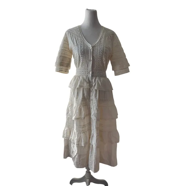 LoveShackFancy Rebecca 100% Cotton White Lace Embroidered Tiered Midi Dress - Image 5
