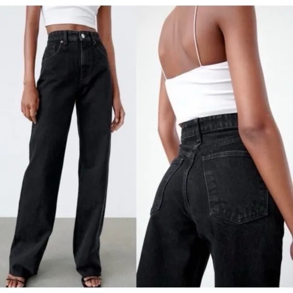 Zara High Rise Waisted Wide Leg‎ Raw Hem Black Denim Jeans Women's Size 14 - Image 3