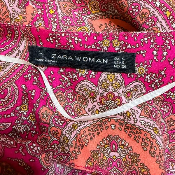 Zara Woman Pink Orange Paisley Split Neck Shift Dress 3/4 Sleeve Small Spain - Image 5