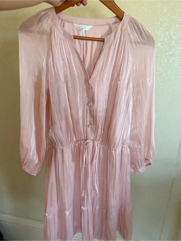 LC Lauren Conrad Light Pink Shimmer Tiered Long-Sleeve Dress large - Image 5