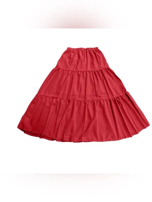 Tiered Pockets Solid Red Color High Waist Flowy Boho Mid Skirt M - Image 2
