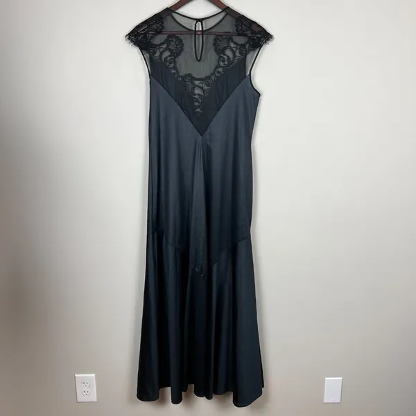 Vintage Sears Nightgown Women Medium Black Mesh Lace Satin Long Sleeveless Sheer - Image 2