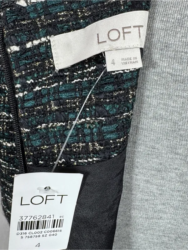 Loft Tweed Front Pocket Shift Dress Black Teal Size 4 Preppy Office Retro Boucle - Image 11