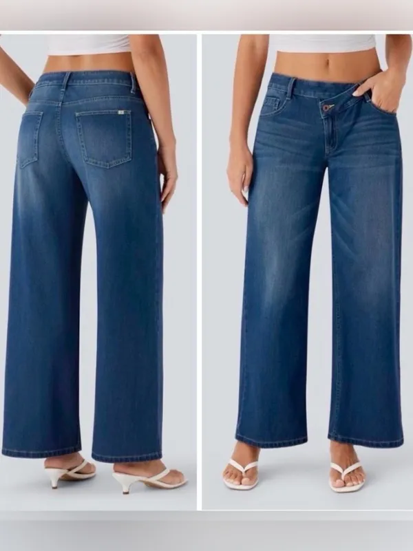 Halara Flex Denim Asymmetric Low Rise Button Zip Wide Leg Jeans Womens Large - Image 2