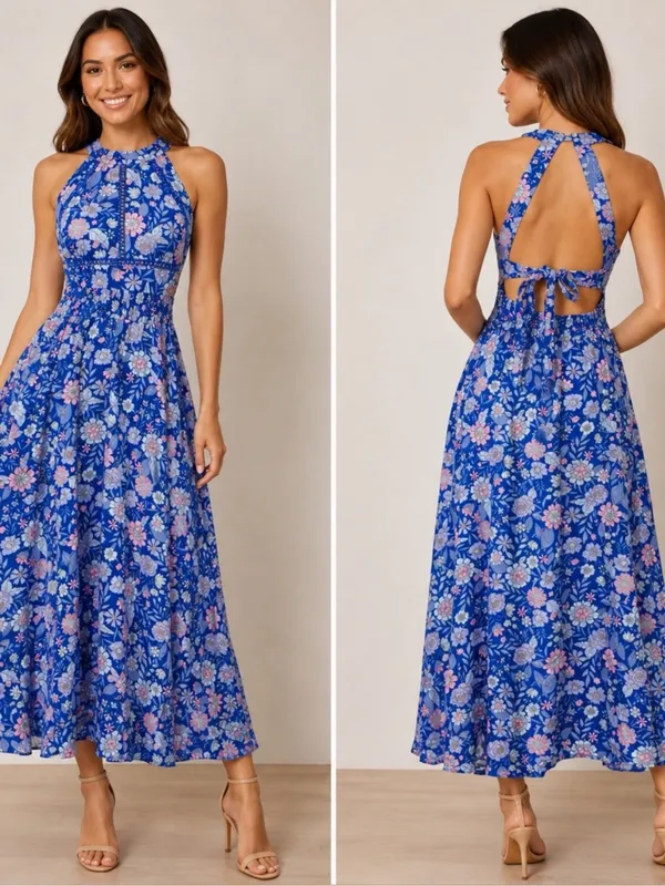 Abel the Label Bluebell Floral Halter Tie Back Full Skirt Maxi Dress XSmall - Image 2