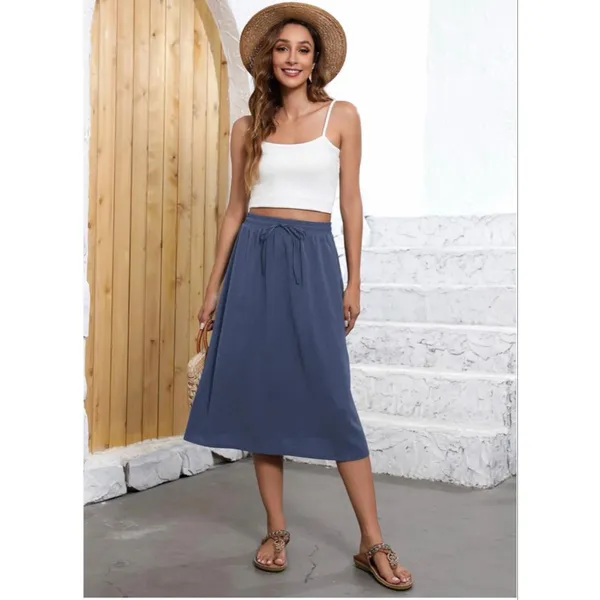 NEW Blue Flowy Elastic High Waist Pockets Midi Skirt L - Image 5
