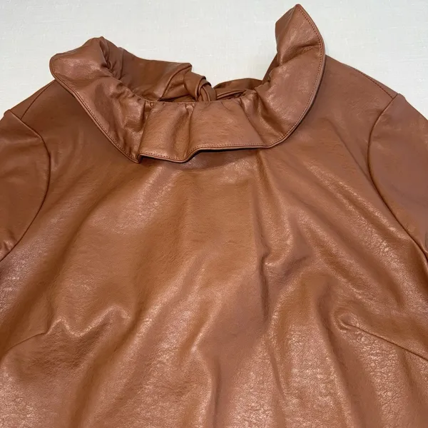 Tuckernuck Brown Coated Ruffle Neck Bow Back Blouse 3/4 Sleeve S - Image 5
