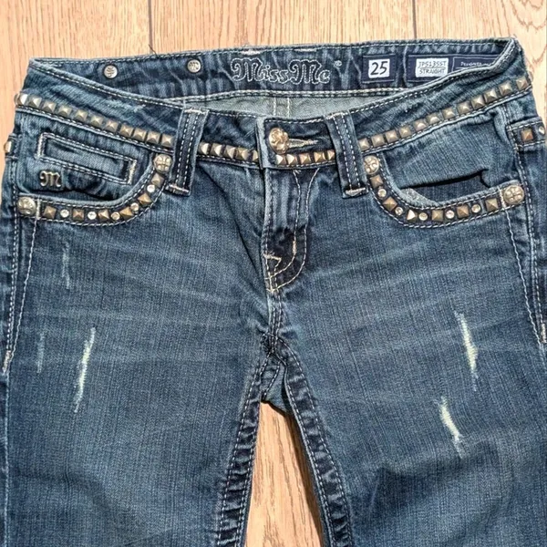 MISS ME Skinny Straight Jeans‎ Womens 25 BLING Studs Rhinestones Crystals Frayed - Image 3