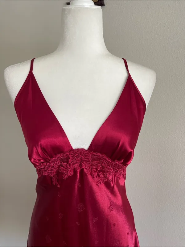 Jones New York Deep Wine Satin Lace-Trim Chemise - Image 2