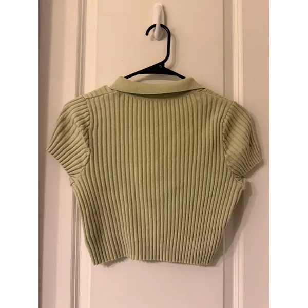 Brandy Melville Sage Green Ribbed Knit Polo Crop Top Small Cotton Short Sleeve - Image 5