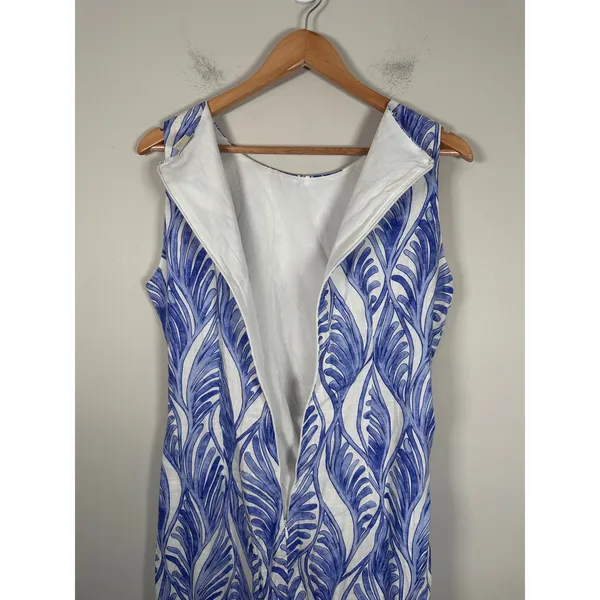 Magaschoni Linen Midi Dress Women 10 Blue White Coastal Cutout Resortwear - Image 7