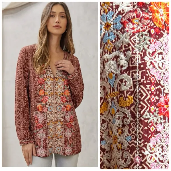 Savanna Jane Embroidered Blouse Tunic Top Medium Rayon Boho - Image 2