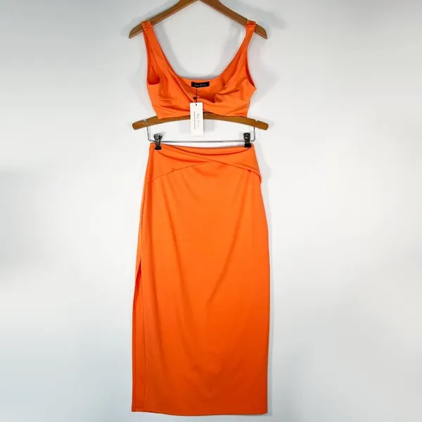 Hey Samy Tessa Orange Cropped Top Midi Bodycon Two Piece Skirt Set Womens L NWT - Image 2