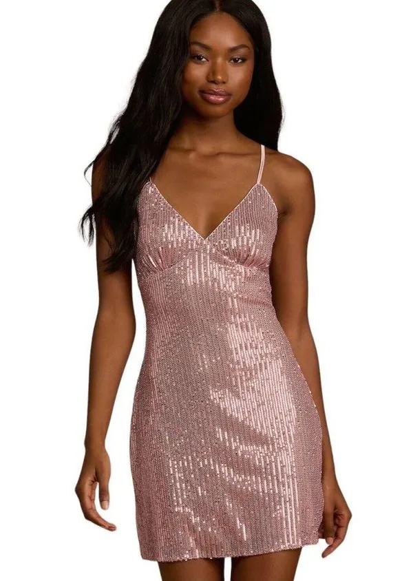 Lulus Party in Style Sequin Sleeveless Mini Lined V Neck Dress Light Pink XL - Image 14