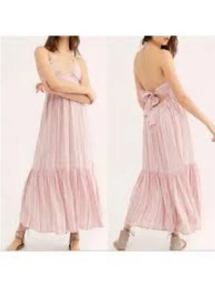 Free People Audrey Halter Maxi Dress Pink Striped Tie Back S - Image 2