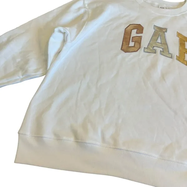 Gap Oversized Pullover Sweatshirt Sweater White Gold Silver Logo Stretch Size XL - Image 5