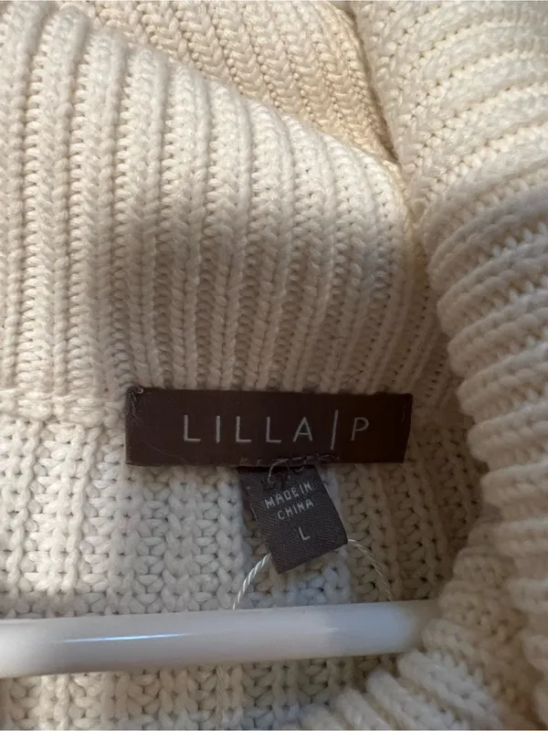 Lilla P Women’s Sz Large Zip Front Sweater in White Cream Gold Circle Zip Cotton - Image 9