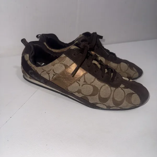 Coach Signature C Logo Canvas Brown Classic Patent Leather Sneakers Women's 9.5 - Image 4