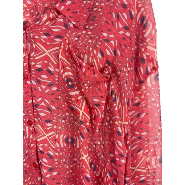 Free People Bright Red/Pink Boho Slouchy Sheer Hi Low Button Up Top S - Image 5