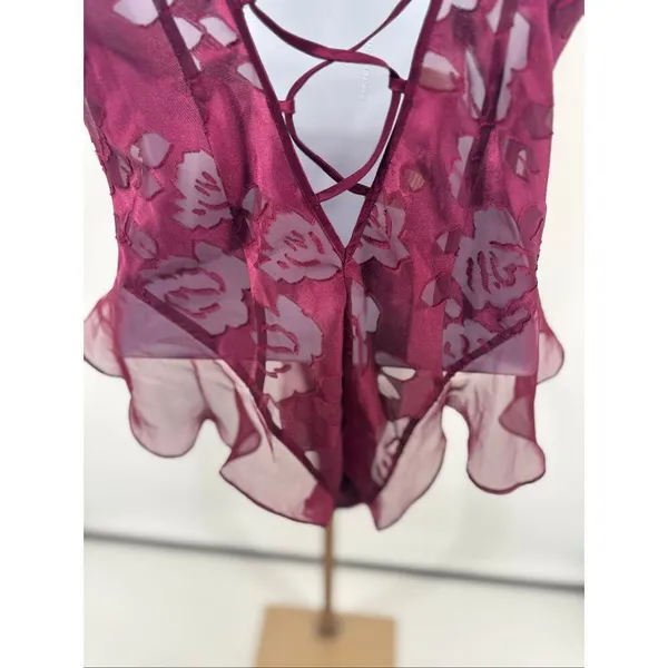Vintage Victorias Secret Satin Teddy Lingerie Gold Label Maroon Floral Size M - Image 8