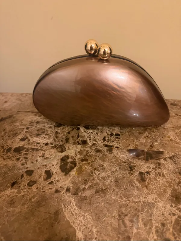 Hard Case Gold-Accented Brown Evening Clutch with gold Chain Strap - Image 2