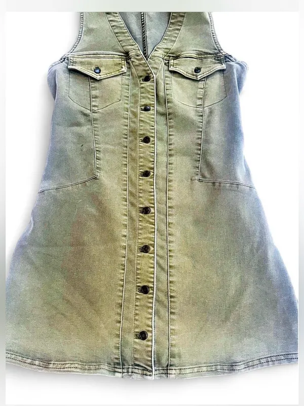 Free People Clean Break Denim Mini Dress Green Acid Wash Stretch Denim Size 8 - Image 3