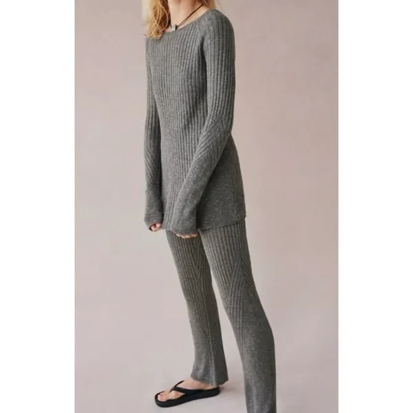 Free People Asbury‎ Sweater Lounge Set Grey Cable Knit Flare Pants Ribbed Cozy - Image 9