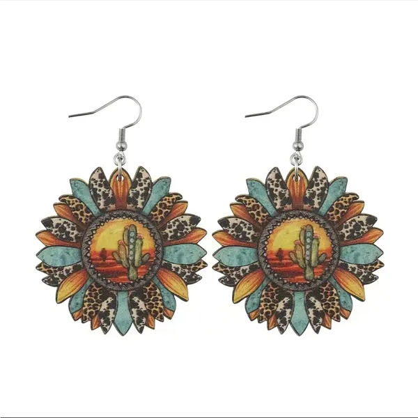 Sunflower shaped pendant drop‎ leopard pattern wooden hook earrings - Image 5
