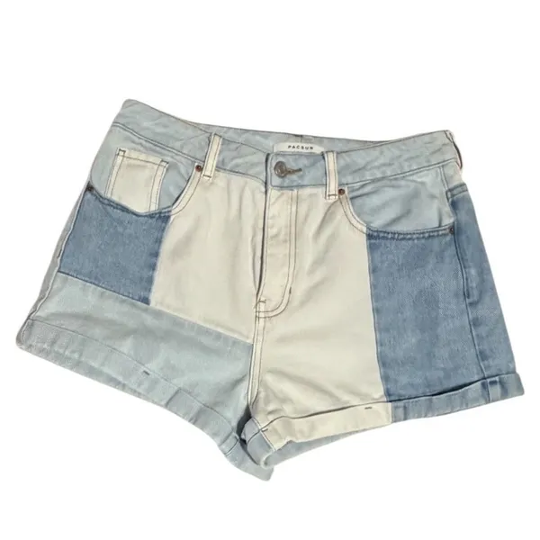 PacSun Mom Shorts Size 28 Patchwork Colorblock Denim High Waisted Blue White‎ - Image 2