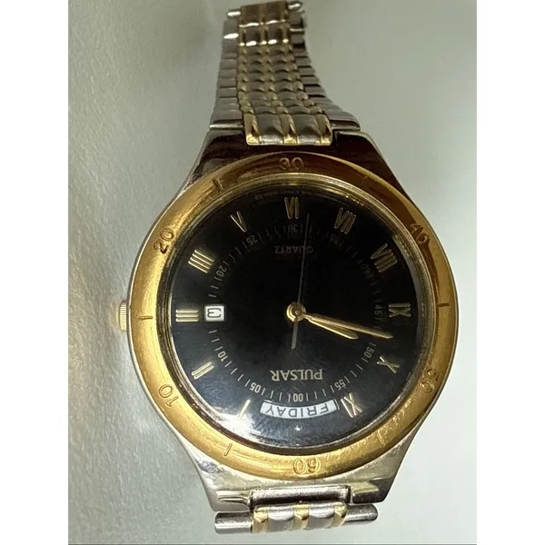 Vintage PULSAR V544-7A10 Two-Tone Quartz Analog Men's Watch Need Battery - Image 3