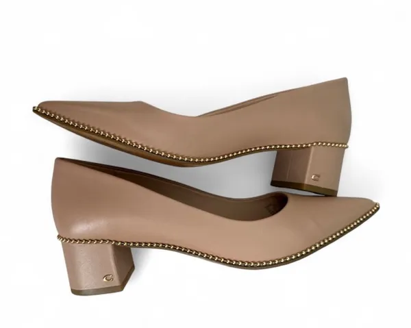 Coach Pointed Low Block Heel Pumps in Tan with Beaded Trim - Image 7