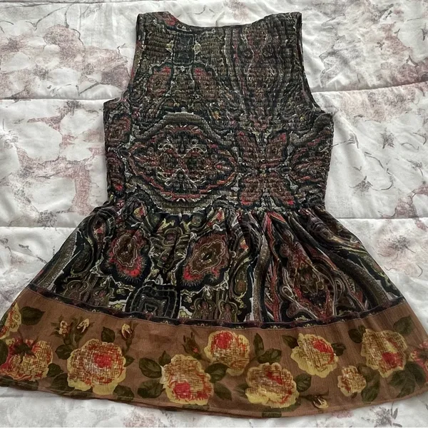 Free People brown floral smocked fit & flare lined blouse, size XS bohemian - Image 3