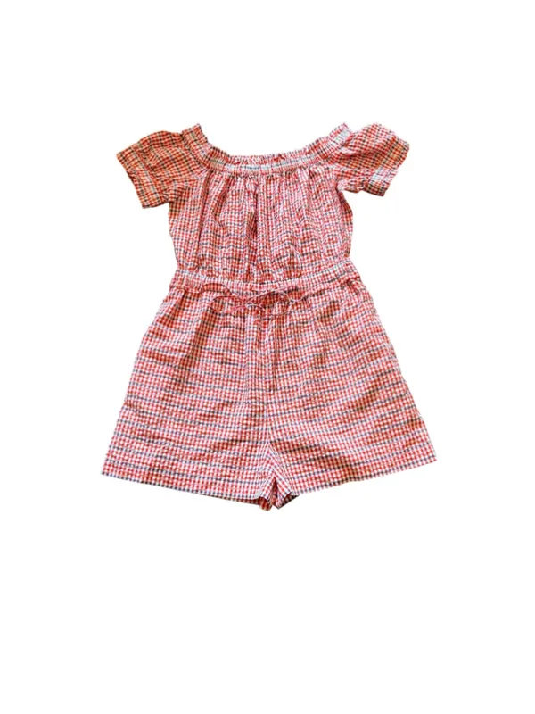 Anthropologie Red Gingham Off-the-Shoulder Romper Smocking Resort Beach Size L - Image 2