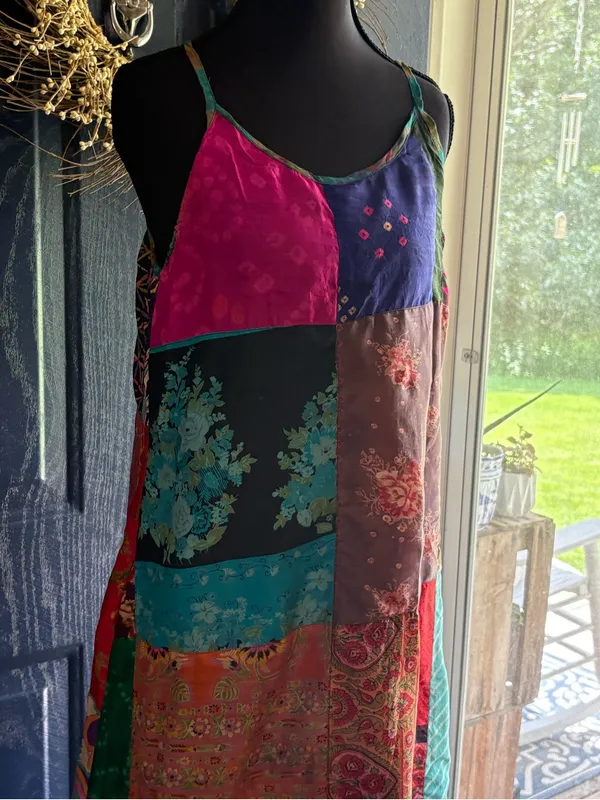 Sacred Threads Patchwork 100% Silk Maxi Dress size S/M *read* - Image 2