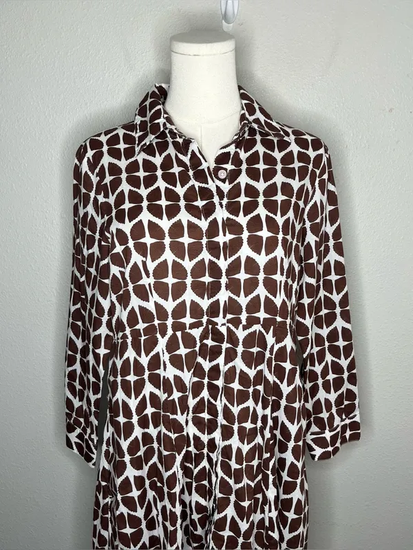 Julia Amory Brown Geometric Block Print 3/4 Sleeve Lightweight JA Shirt Dress - Image 4