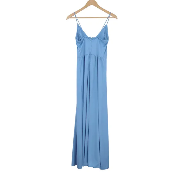 Sky Blue V Neck Spaghetti Strap Maxi Dress Formal Evening Gown - Image 3